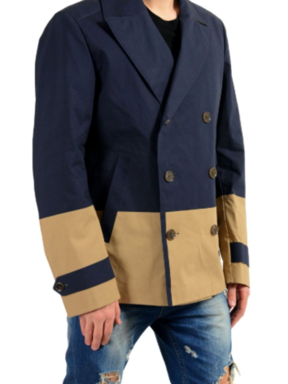 Colorblock Double-Breasted Cotton Jacket Coat Navy/Beige US Men's IT 50 - Picture 6 of 8